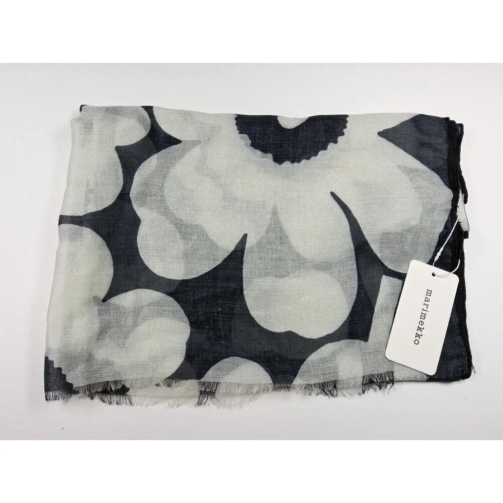 Marimekko Fiore Unikko Lightweight Sheer Wool Scarf Black White